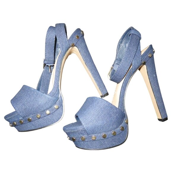 Shoedazzle Alana Chambray Blue Denim Studded Slingback Platform Heels size 8.5 t - Picture 6 of 12